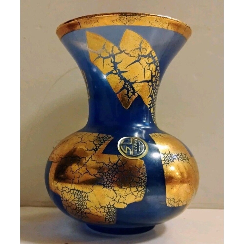 Vtg SC Line Blue Gold Vase Made In Italy 22K Gold Leaf Murano Style Art Glass